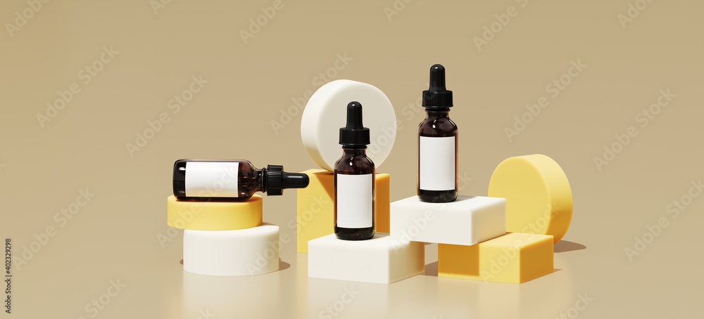 Poster minimal abstract mockup background for product presentation. cosmetic bottle on step podium on beige