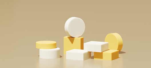 Minimal abstract mockup background for product presentation. White and yellow  step podium on beige background. 3d rendering illustration. Clipping path of each element included.