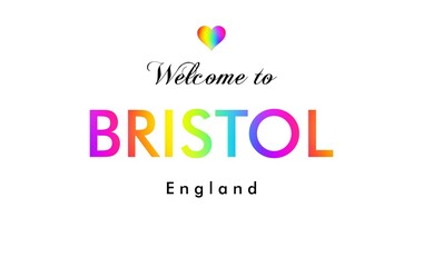 Welcome to Bristol England card and letter design in rainbow color.