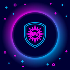 Glowing neon line UV protection icon isolated on black background. Ultra violet rays radiation. SPF sun sign. Colorful outline concept. Vector.