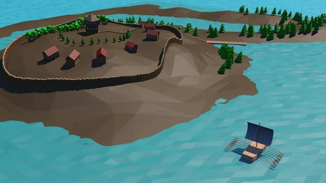 3d animation of a panorama of an old wooden town with a palisade and a sailboat that comes into the bay on oars and approaches the pier. The animation is low-poly.