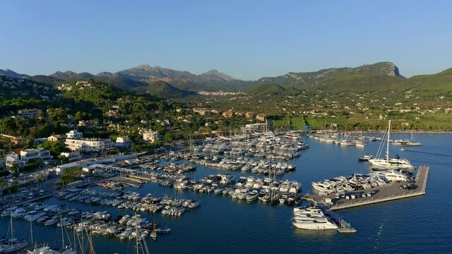 Aerial view, flight at Andratx, Port d'Andratx, coast and natural harbor at dusk, Malloca, Balearic Islands, Spain