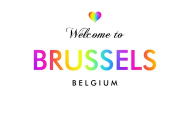 Welcome to Brussels Belgium card and letter design in rainbow color.