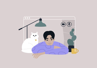 Video call frame, working from home concept, social distancing, a young male Asian character using online technologies to connect with friends, family, or colleagues