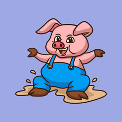 cartoon animal design pigs sit playing mud cute mascot logo