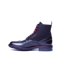 Black boot with red laces..