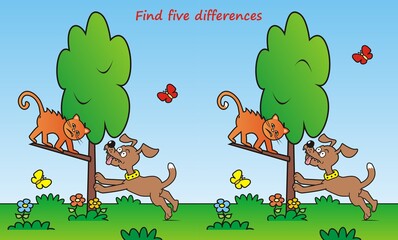 Dog and cat, find five differences, leisure activity, vector humorous illustration