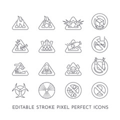 Set of 16 editable stroke pixel perfect icons on the theme of hazards