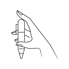 Hand holds a pen. Outline thin line flat illustration. Isolated on white background. 