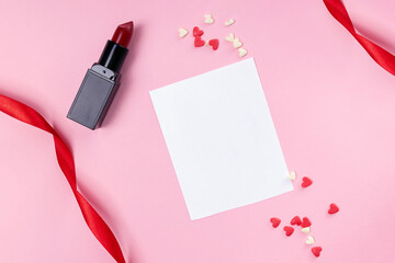 Valentine's day flat lay composition on pink background