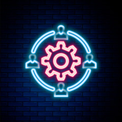 Glowing neon line Outsourcing concept icon isolated on brick wall background. Cooperation sign. Idea of teamwork and investment. Colorful outline concept. Vector.