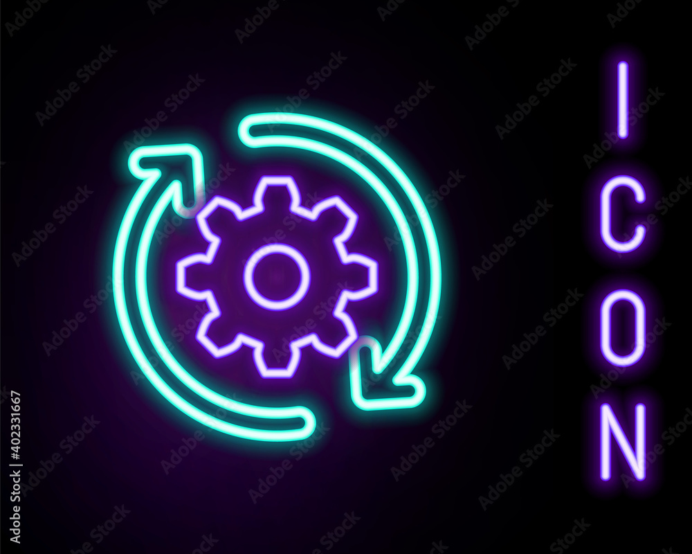 Poster glowing neon line gear and arrows as workflow concept icon isolated on black background. gear reload
