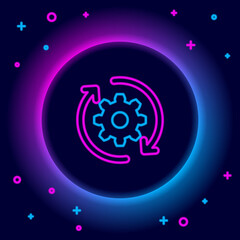 Glowing neon line Gear and arrows as workflow concept icon isolated on black background. Gear reload sign. Colorful outline concept. Vector.