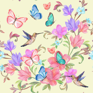 seamless texture with fancy floral ornaments of abstract flowers and flying hummingbird, butterflies. watercolor painting