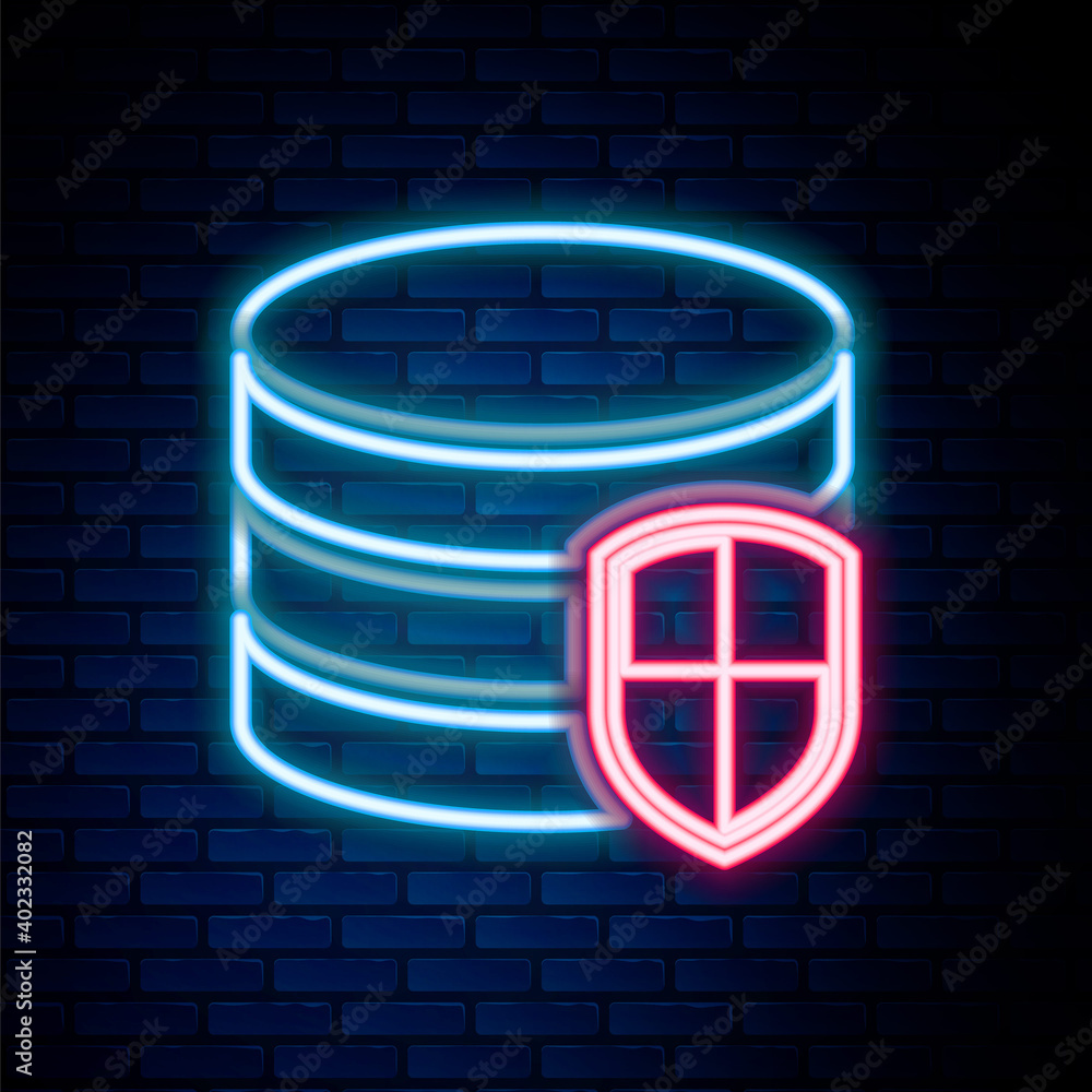 Poster glowing neon line database protection icon isolated on brick wall background. secure database icon. 
