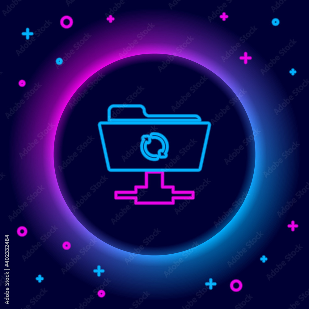 Poster glowing neon line ftp sync refresh icon isolated on black background. software update, transfer prot