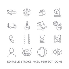 Set of 16 editable stroke pixel perfect icons for package delivery and transport - 402332477