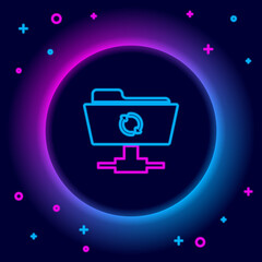 Glowing neon line FTP sync refresh icon isolated on black background. Software update, transfer protocol, router, teamwork tool management, copy process. Colorful outline concept. Vector.