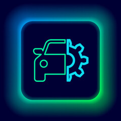 Glowing neon line Car service icon isolated on black background. Auto mechanic service. Mechanic service. Repair service auto mechanic. Maintenance sign. Colorful outline concept. Vector.