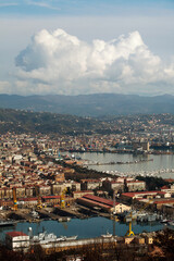 Obraz premium View of La Spezia port, one of the largest commercial ports of Liguria, located in the northernmost part of the Gulf of La Spezia, Italy, Europe.