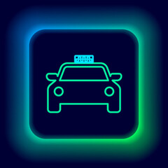 Glowing neon line Taxi car icon isolated on black background. Colorful outline concept. Vector.