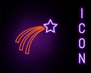 Glowing neon line Falling star icon isolated on black background. Shooting star with star trail. Meteoroid, meteorite, comet, asteroid, star icon. Colorful outline concept. Vector.