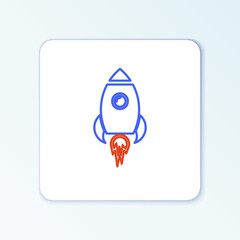 Line Rocket ship with fire icon isolated on white background. Space travel. Colorful outline concept. Vector.
