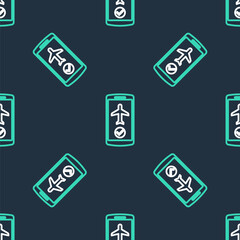 Line Flight mode in the mobile phone icon isolated seamless pattern on black background. Airplane or aeroplane flight offline mode passenger regulation airline . Vector.