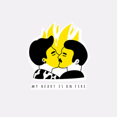 My heart is on fire. Gay male Couple being loving and happy. Two guys kissing. Pride community concept. Hand drawn Vector illustration. Isolated on white background