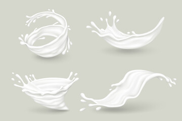 Milk splashes with drops on gray background. Realistic vector illustration.