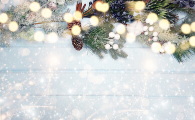 winter background with fir branches cones and snow