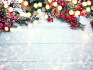 winter background with fir branches cones and snow