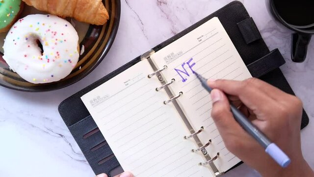 top view of new year goals text on notepad.