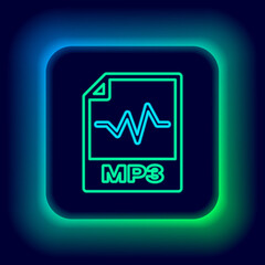 Glowing neon line MP3 file document. Download mp3 button icon isolated on black background. Mp3 music format sign. MP3 file symbol. Colorful outline concept. Vector.