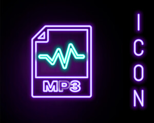 Glowing neon line MP3 file document. Download mp3 button icon isolated on black background. Mp3 music format sign. MP3 file symbol. Colorful outline concept. Vector.