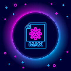 Glowing neon line MAX file document. Download max button icon isolated on black background. MAX file symbol. Colorful outline concept. Vector.