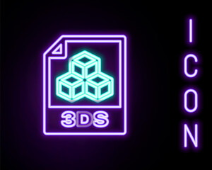 Glowing neon line 3DS file document. Download 3ds button icon isolated on black background. 3DS file symbol. Colorful outline concept. Vector.