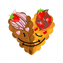 Bubble waffles in the shape of a heart on a white background. Two Hong Kong waffles chocolate and classic hugging each other. Cute kawaii bubble waffles with whipped cream. 