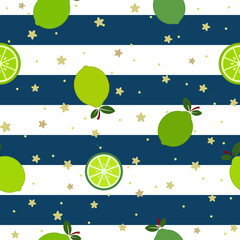 Green lemon, flat vector illustration, slices, and full, over a blue and white striped background, with golden star shaped.