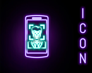 Glowing neon line Mobile phone and face recognition icon isolated on black background. Face identification scanner icon. Facial id. Cyber security. Colorful outline concept. Vector.