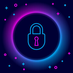 Glowing neon line Lock icon isolated on black background. Padlock sign. Security, safety, protection, privacy concept. Colorful outline concept. Vector.