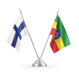 Ethiopia and Finland table flags isolated on white 3D rendering