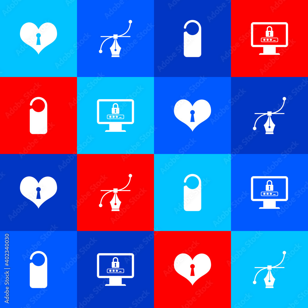 Poster set heart with keyhole, bezier curve, please do not disturb and monitor password icon. vector.