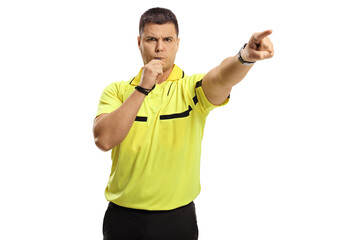 Sports referee blowing a whistle and pointing with finger