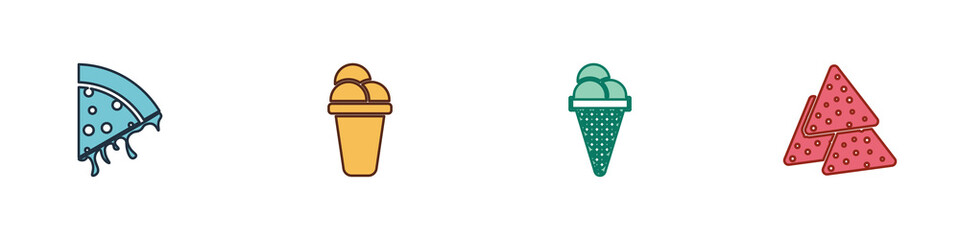 Set Slice of pizza, Ice cream, in waffle cone and Nachos icon. Vector.