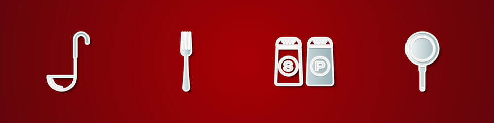 Set Kitchen ladle, Fork, Salt and pepper and Frying pan icon. Vector.