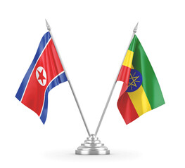 Ethiopia and North Korea table flags isolated on white 3D rendering