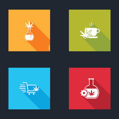 Set Test tube with marijuana, Cup tea, Shopping cart and icon. Vector.