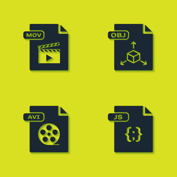 Set MOV file document, JS, AVI and OBJ icon. Vector.