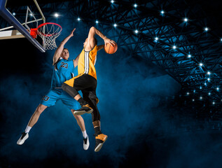 Two basketball players in action